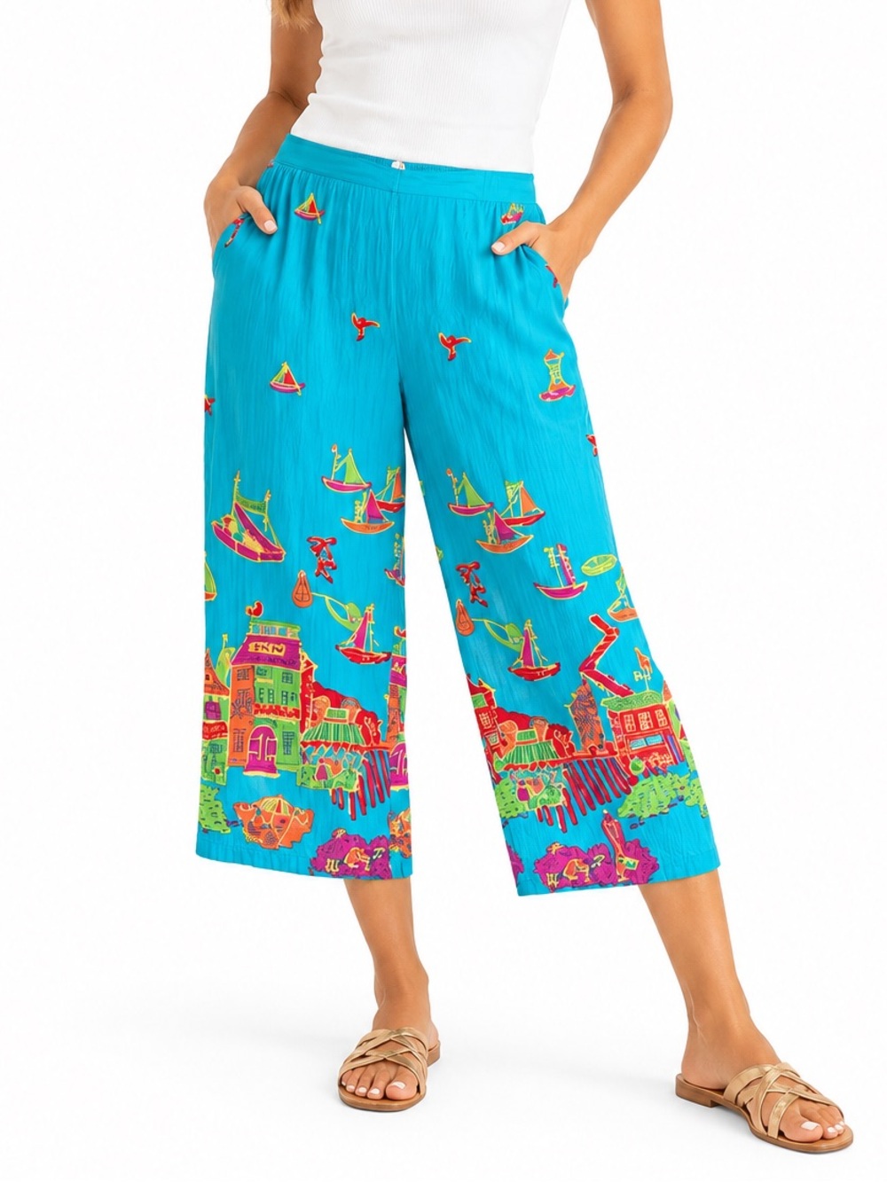 Phool Cotton Nautical Print Capri Pants Women’s XL Elastic Waist Culottes